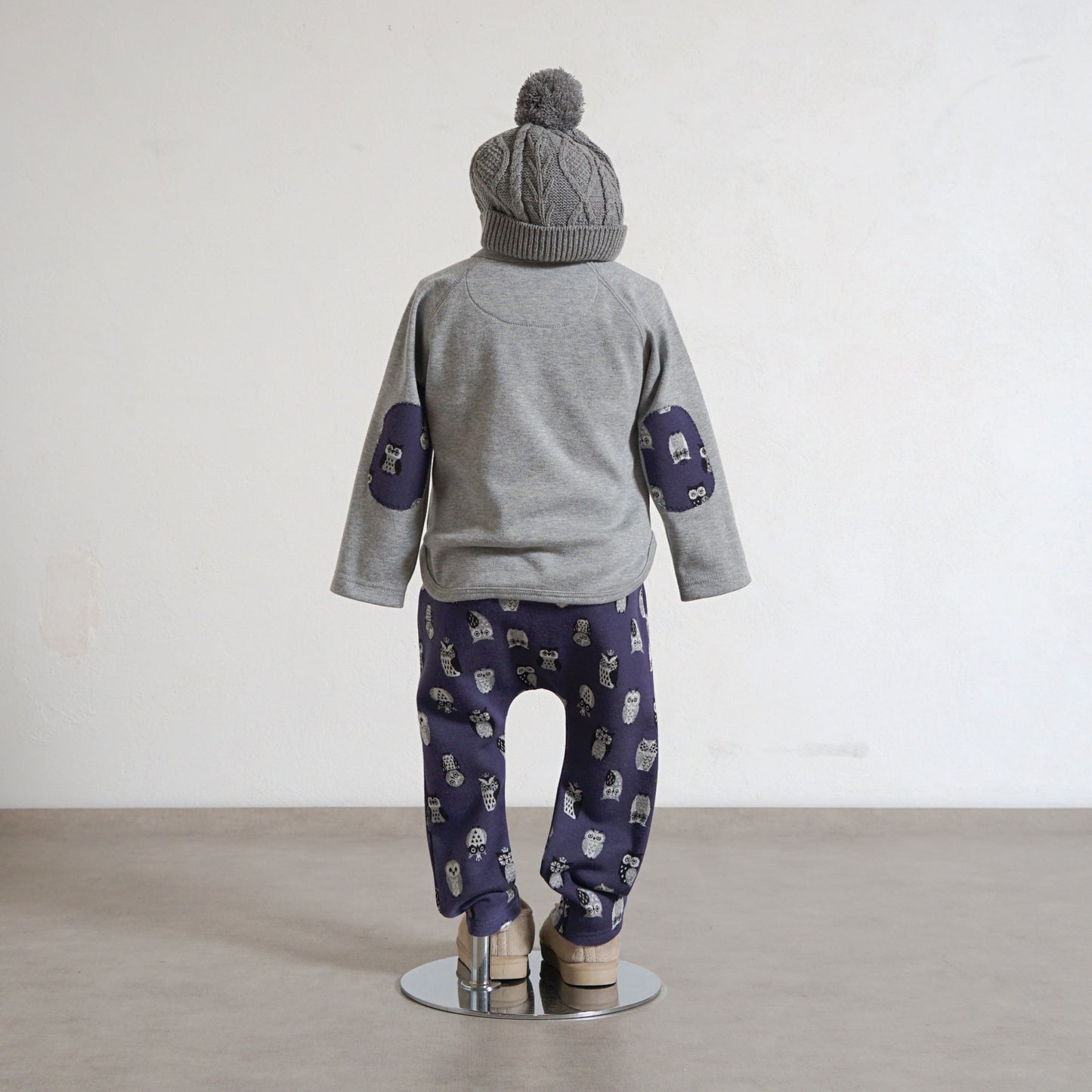 フクロウ肘パッチ長袖Tシャツ グレー 80・90・100・110cm