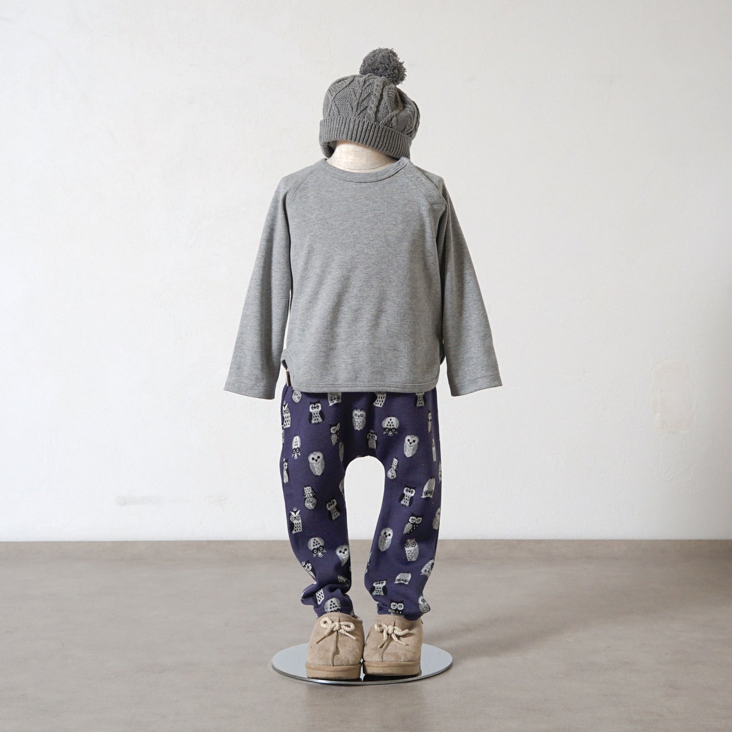 フクロウ肘パッチ長袖Tシャツ グレー 80・90・100・110cm