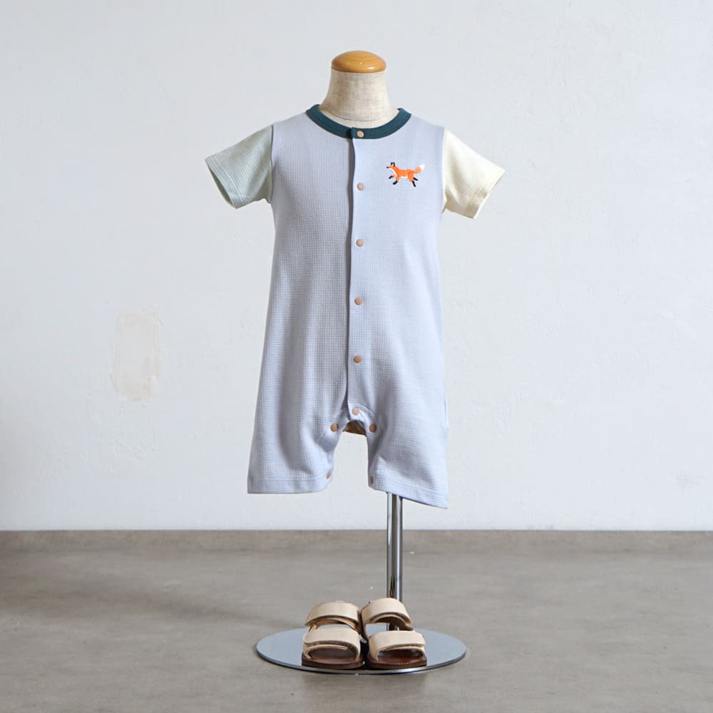きつねワッフル配色ロンパース ライトブルー 70・80cm