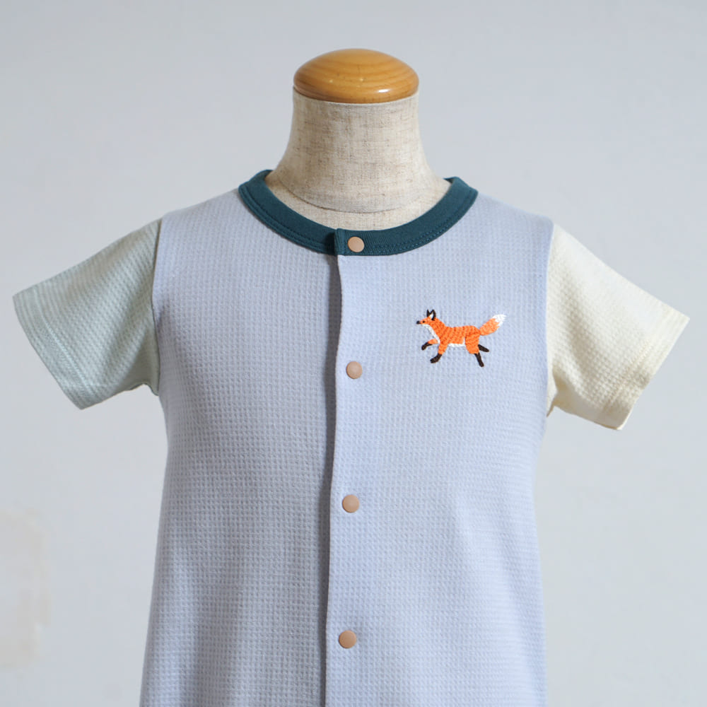きつねワッフル配色ロンパース ライトブルー 70・80cm