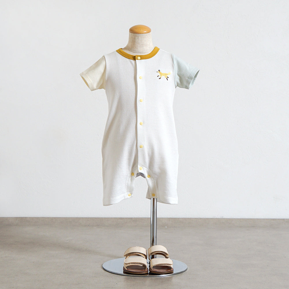 きつねワッフル配色ロンパース ホワイト 70・80cm
