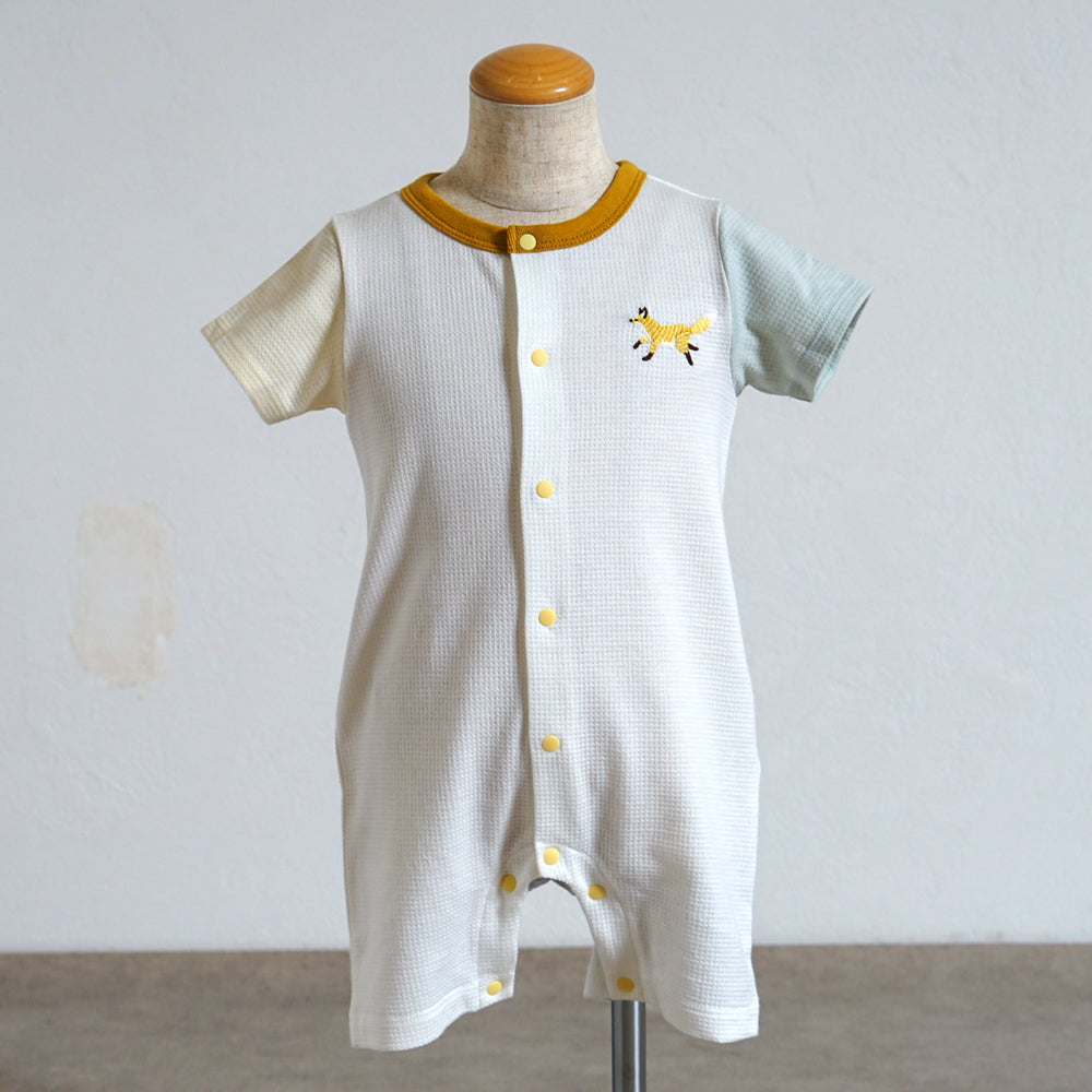 きつねワッフル配色ロンパース ホワイト 70・80cm