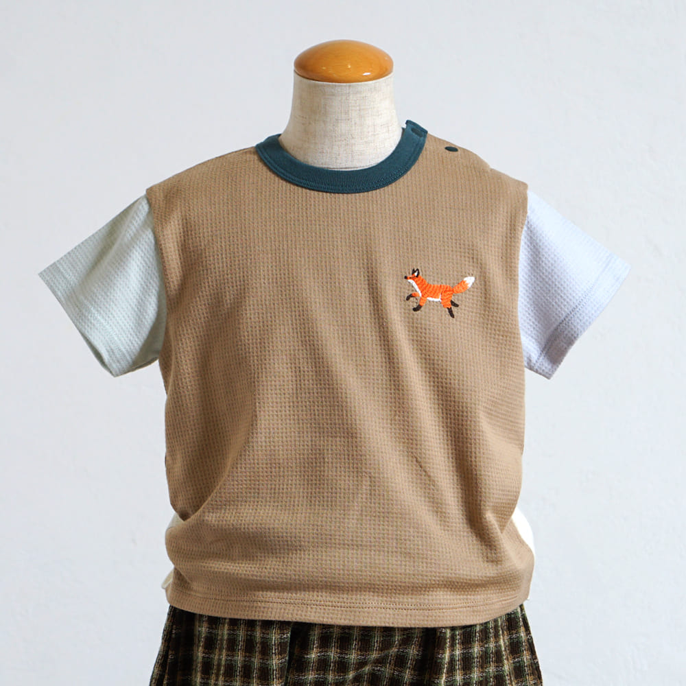 きつねワッフル配色Tシャツ ブラウン 80・90・100cm
