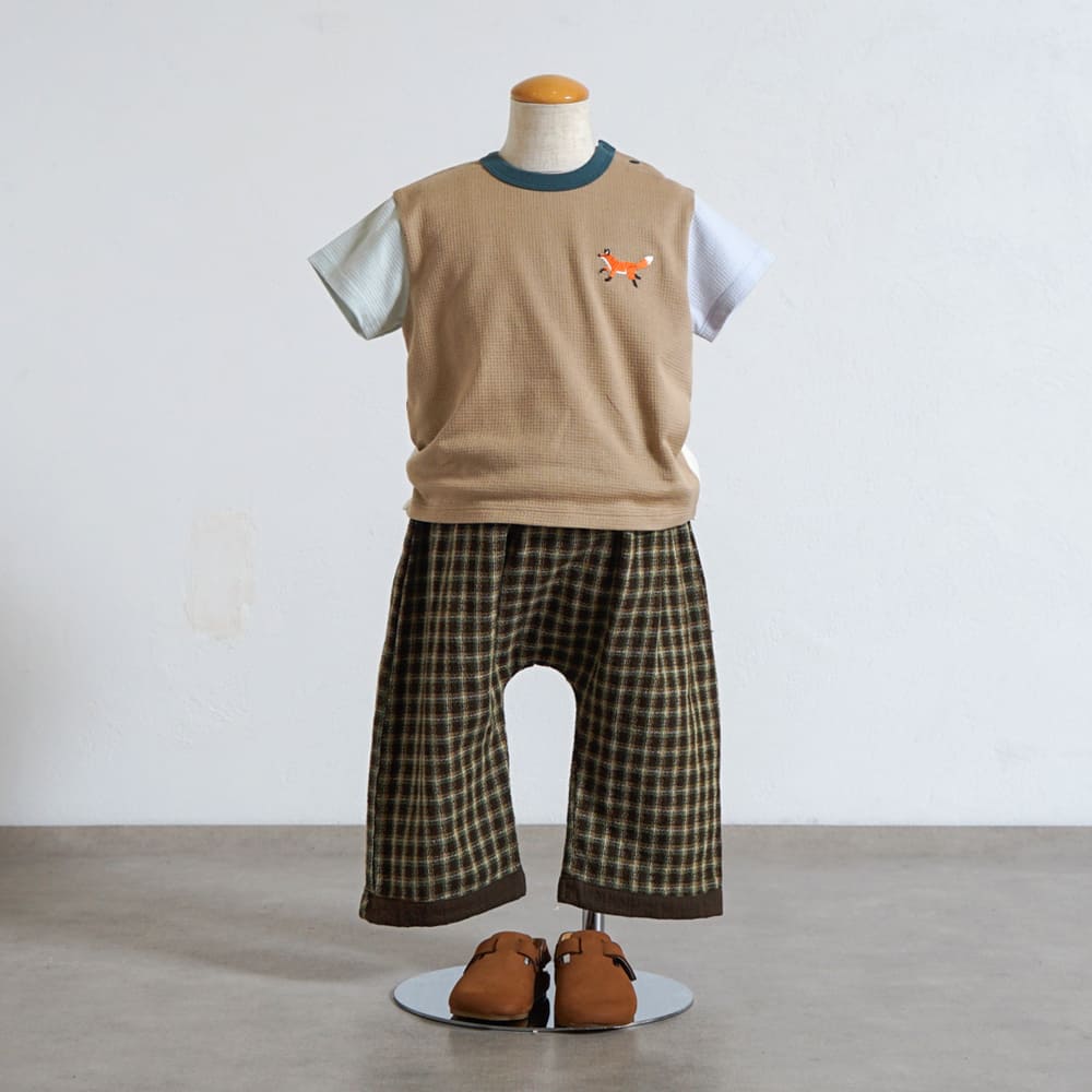きつねワッフル配色Tシャツ ブラウン 80・90・100cm