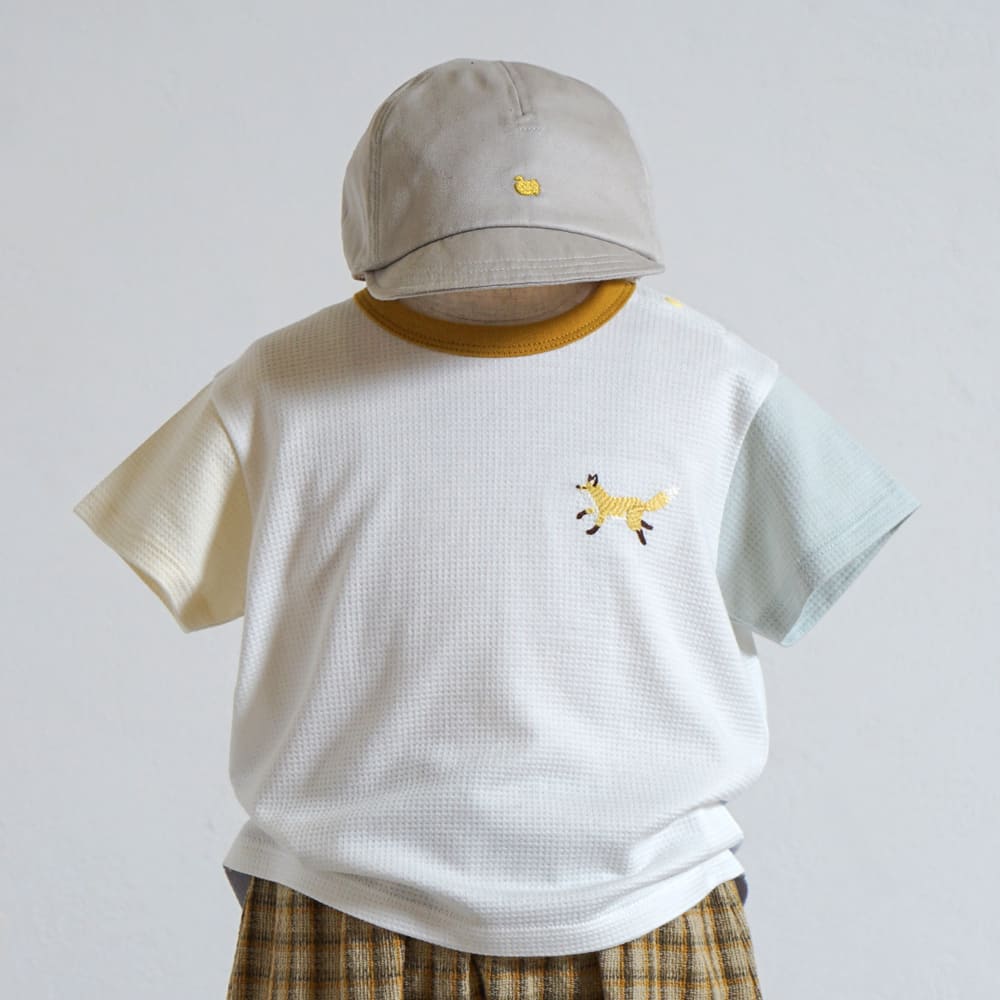 きつねワッフル配色Tシャツ ホワイト 80・90・100cm