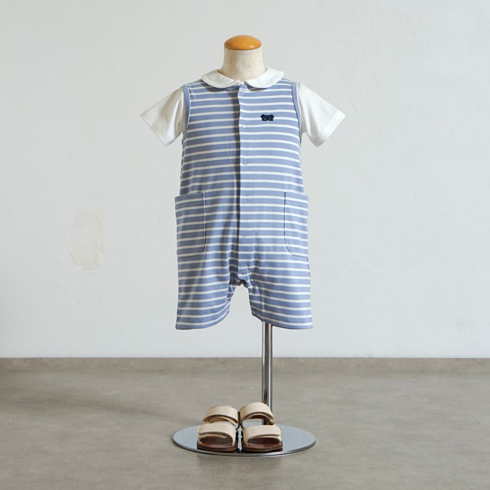 ベアマスクボーダーロンパース ライトブルー 70・80cm