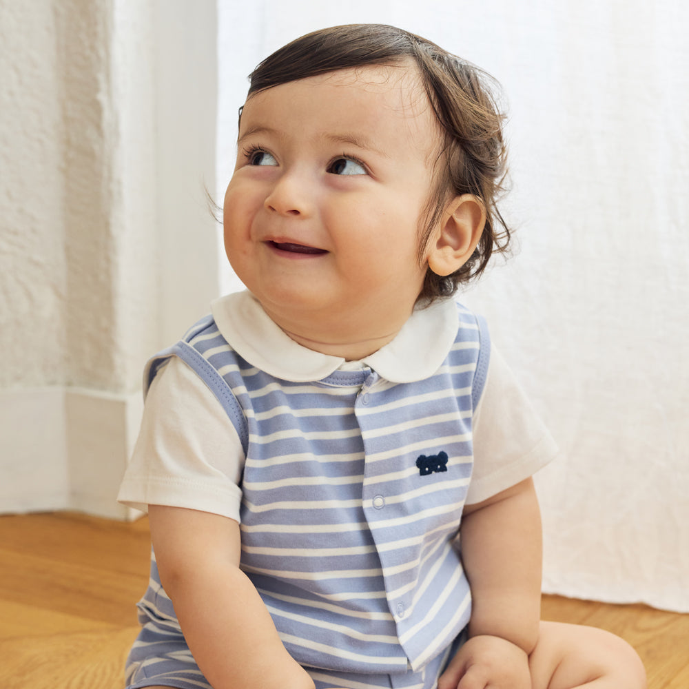 ベアマスクボーダーロンパース ライトブルー 70・80cm