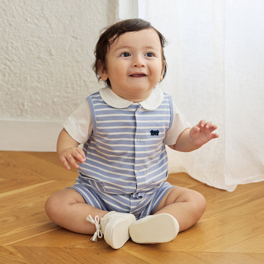 ベアマスクボーダーロンパース ライトブルー 70・80cm