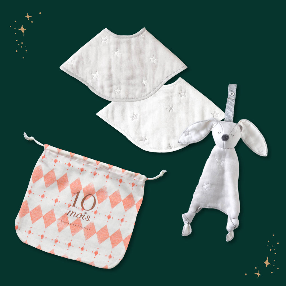 クリスマス巾着ギフトセット minime・2wayビブ グレー / 名入れ刺繍可