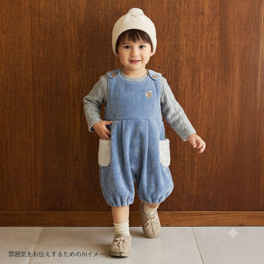 リス刺繍モールヤーンサロペット ライトブルー 70-80cm・80-90cm