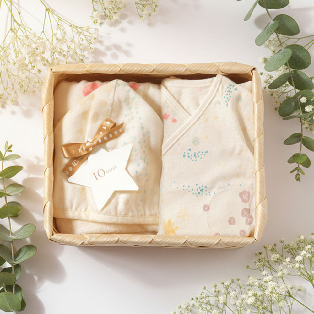 かごギフトM バスポンチョと肌着セット アメザイク / 出産祝い