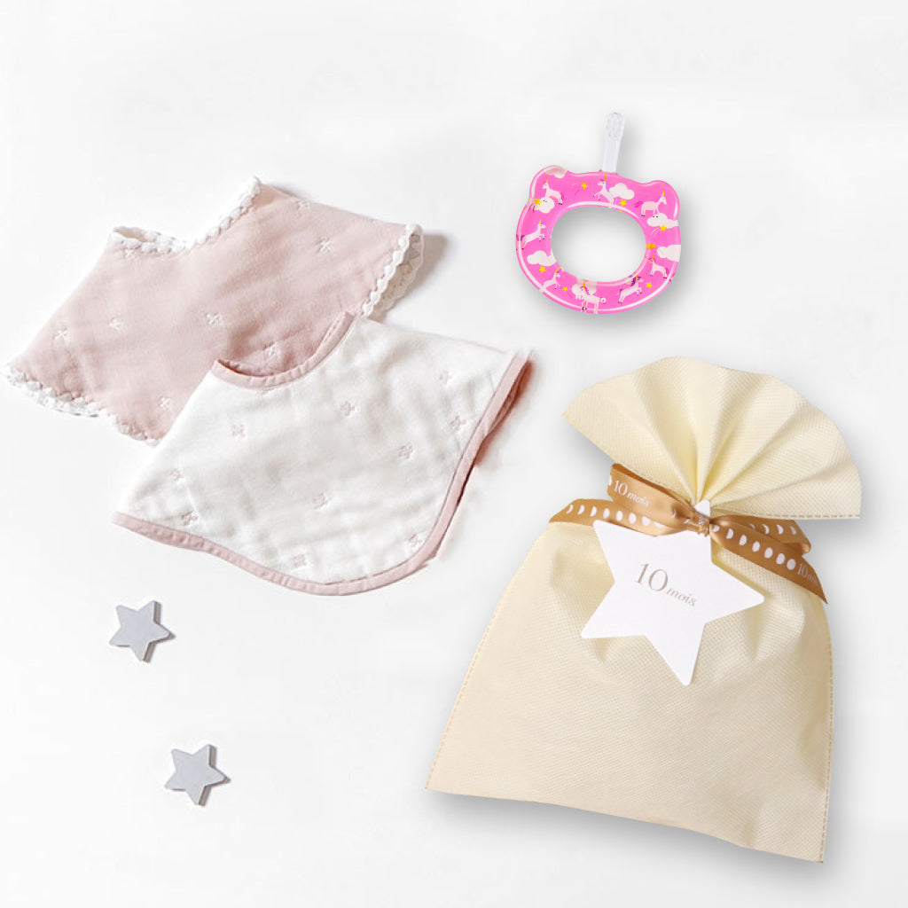 2wayビブ（2枚セット）&HAMICO ベビー歯ブラシ ギフトセット ピンク  / 出産祝い 名入れ刺繍可