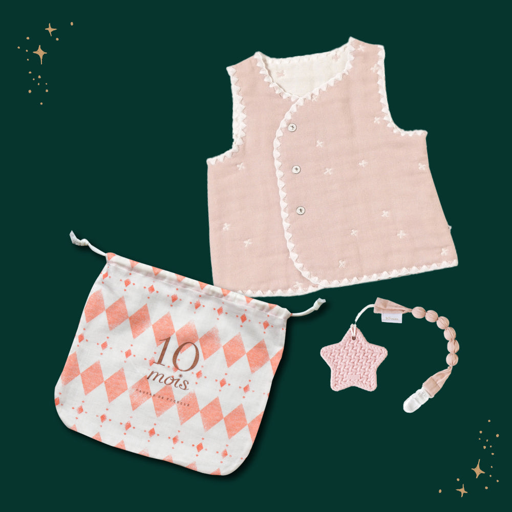 クリスマス巾着ギフトセット ちょっき・歯固め シェルピンク  / 名入れ刺繍可