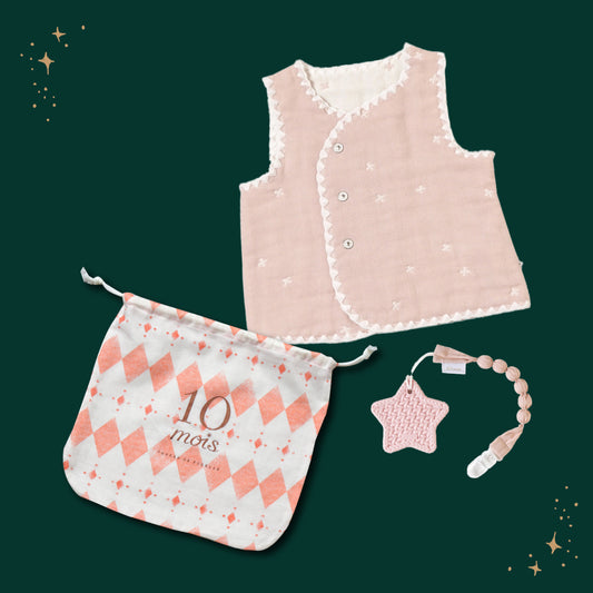 クリスマス巾着ギフトセット ちょっき・歯固め シェルピンク  / 名入れ刺繍可