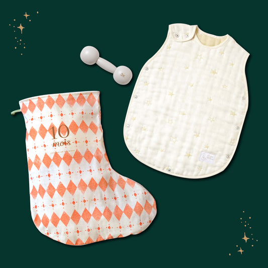 サンタのくつ下ギフトセット スリーパー・ダンベルベル エクリュ / 名入れ刺繍可